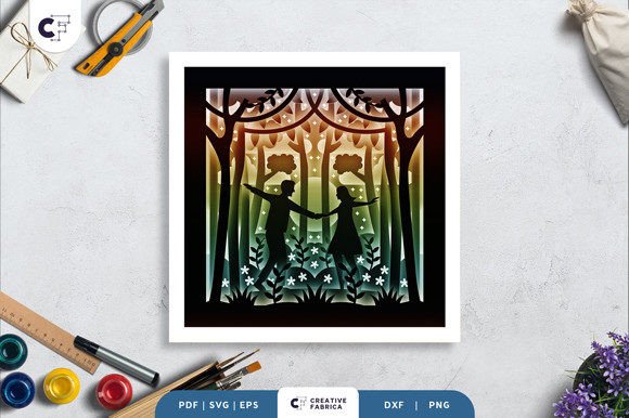 3D SVG Romantic Dancing in a Forest Shadow Box