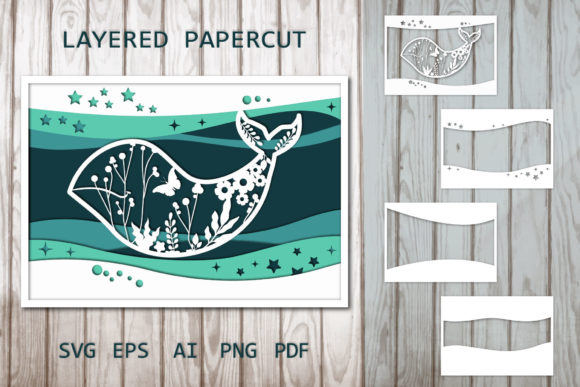3D Whale Paper Cutting for Shadow Boxes and SVG Design