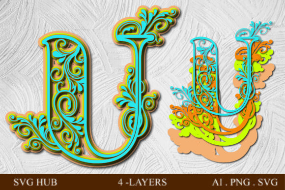 Layered Floral Letter U 3D SVG Shapes